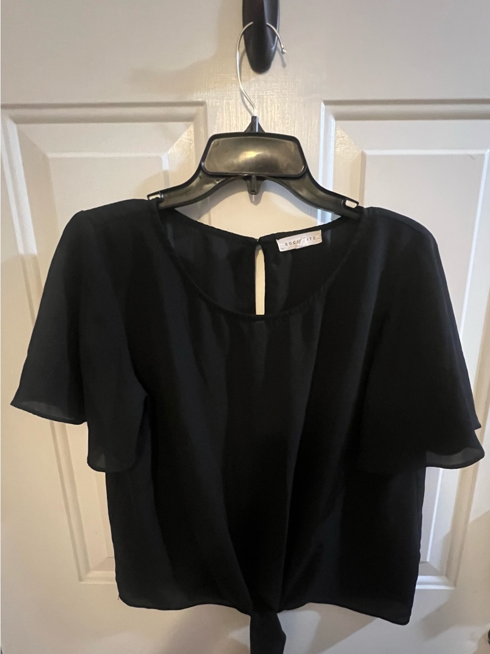 Socialite Black Tie-Front Flutter Sleeve Blouse